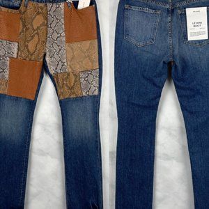 NWT $448 FRAME Genuine Leather Snakeskin Patchwork Le Mini Boot Bootcut Jeans